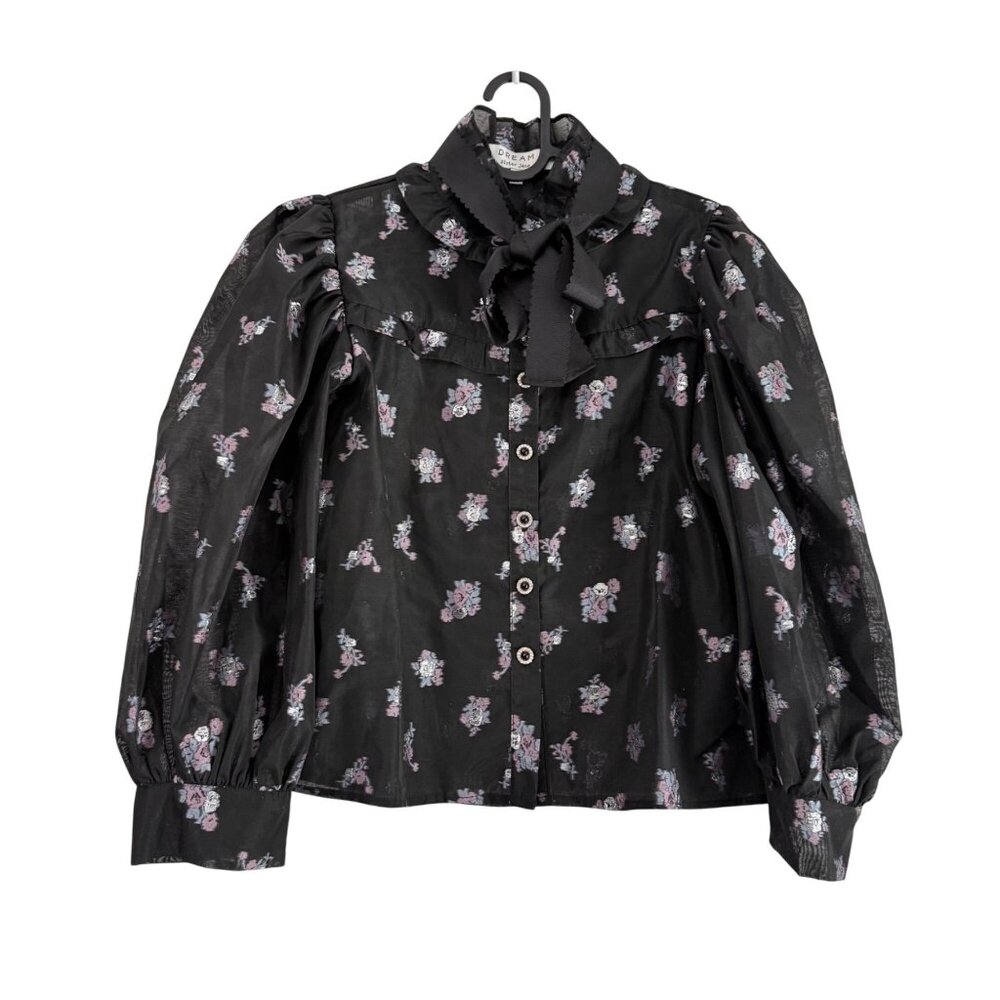 Dream Sister Jane Black Metallic Floral Ribbon Bow Tie Sheer Blouse Womens Large